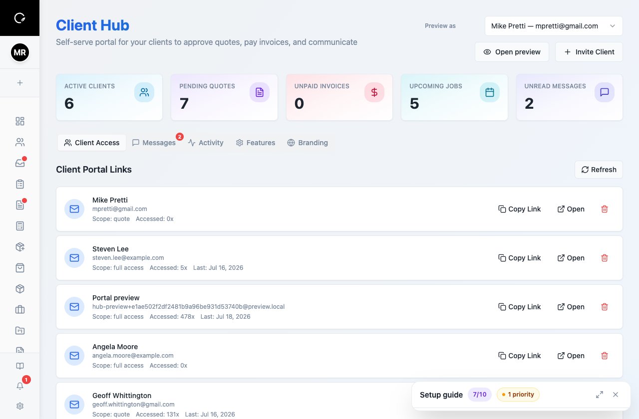 Service Zen demo client hub with customer activity and service records