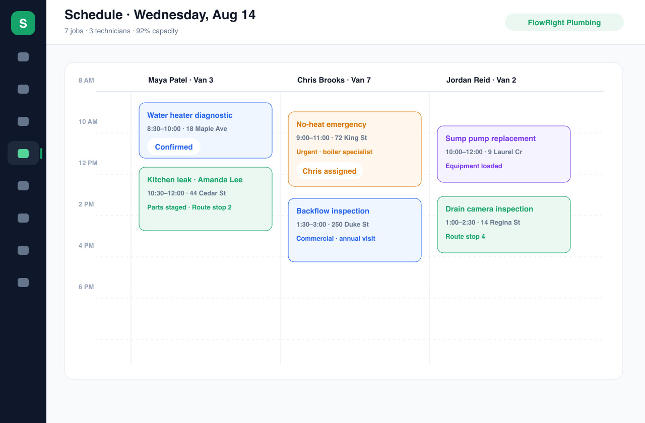Service Zen demo schedule with jobs assigned across field technicians